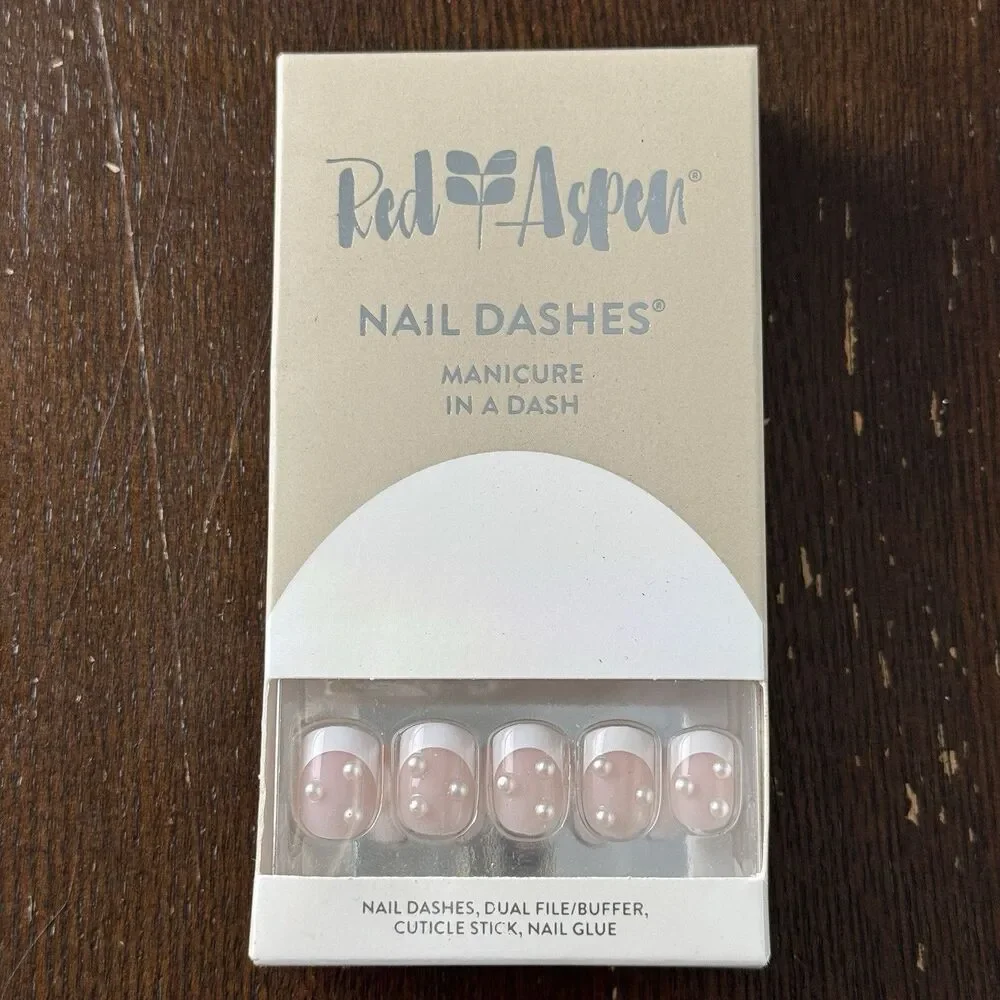 Red Aspen Press On Nails Pearly French Julianna Manicure Kit w File Stick & Glue